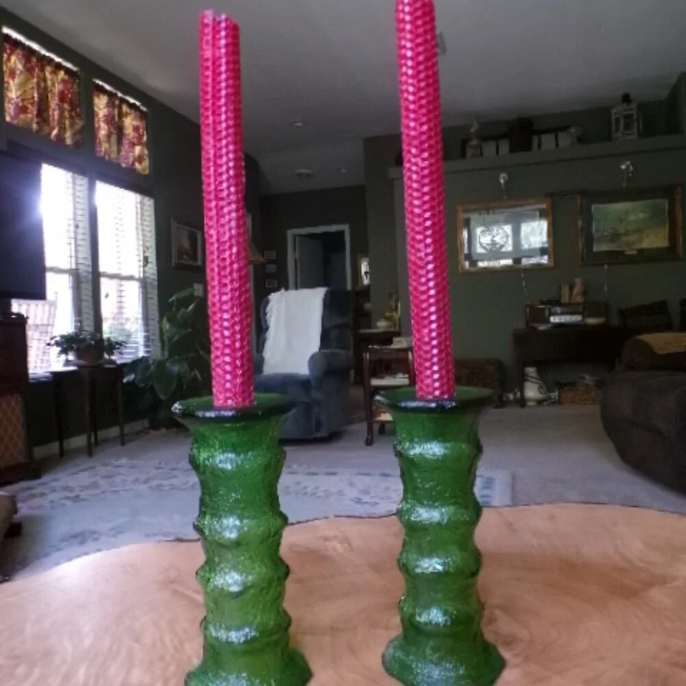 Rare E.O. Brody Emerald Crinkle Glass Vases  Dual-Use Candleholders  USA Made